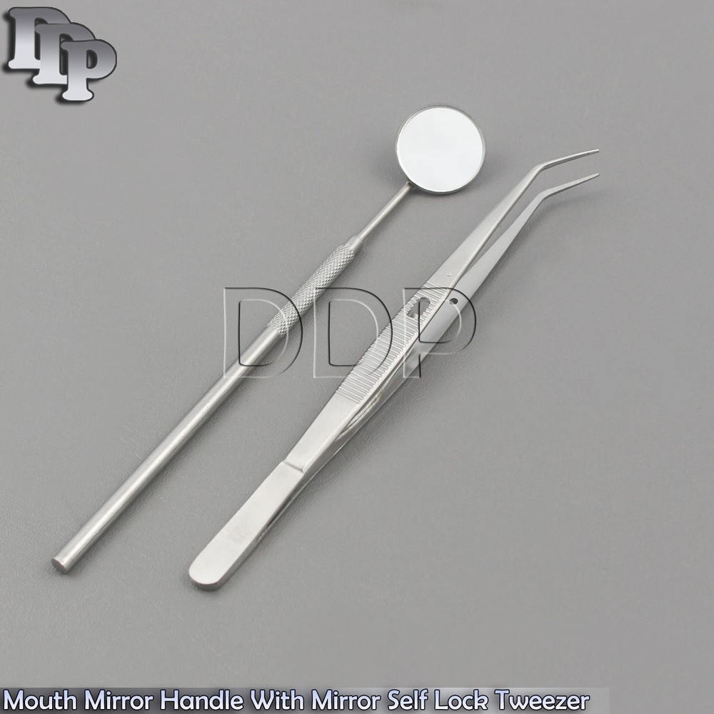 Dental Splinter Self Locking Tweezer Serrated Forceps Mouth Mirror Handle Tools