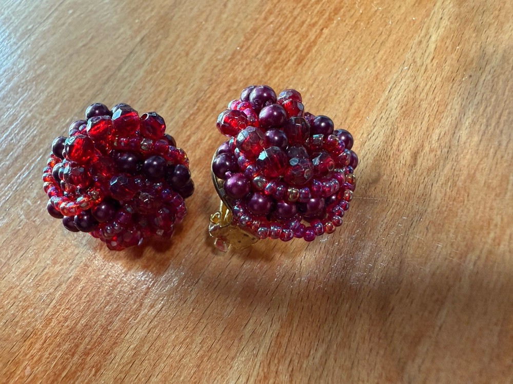 Pair Ruby  Red Bead Knot Clip Earrings 7/8"dia.