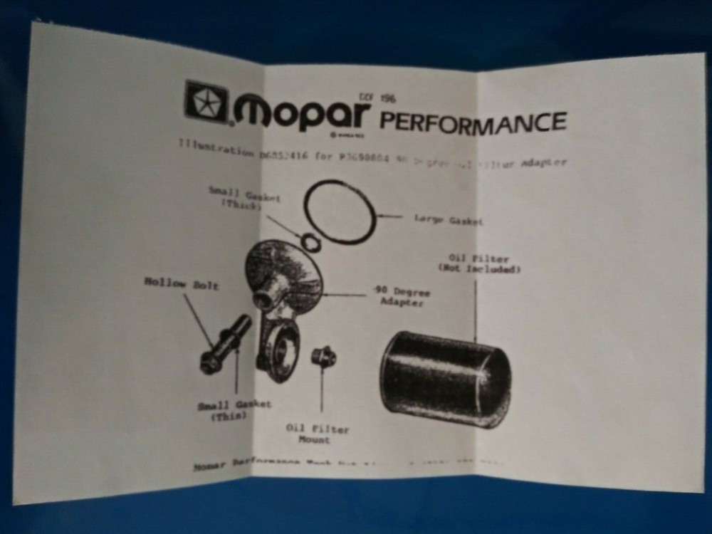 Mopar 340 90 degree oil filter adapter gaskets , HIGHFLOW lightened short bolt