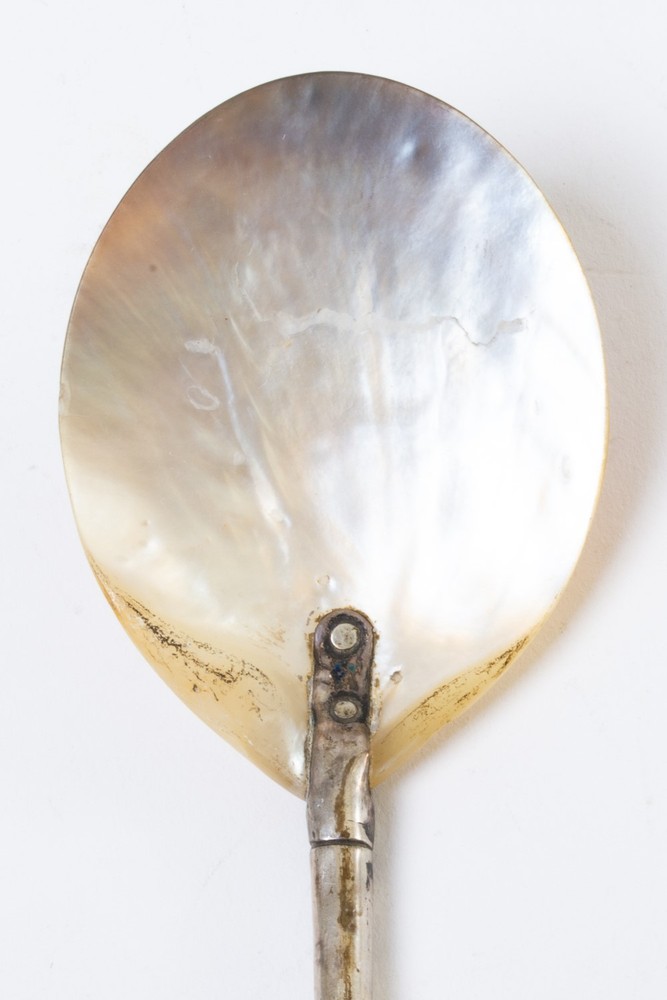 Antique Silver Plated Bamboo Handle Spoon with Shell Scoop 7.5" Long