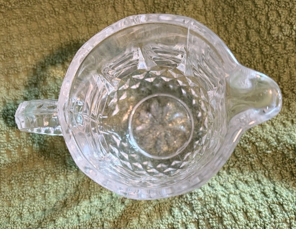 Pressed Glass Creamer Clear Diamond Pattern Glossy Round Handle Single Unboxed