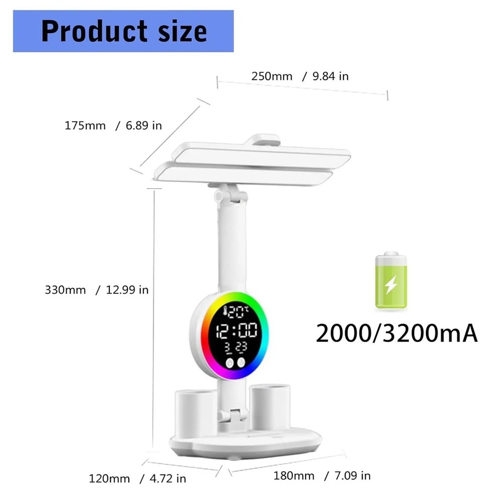 LED Desk Light Dimmable Reading Night Lamp USB Rechargeable Touch Sensor w/Clock