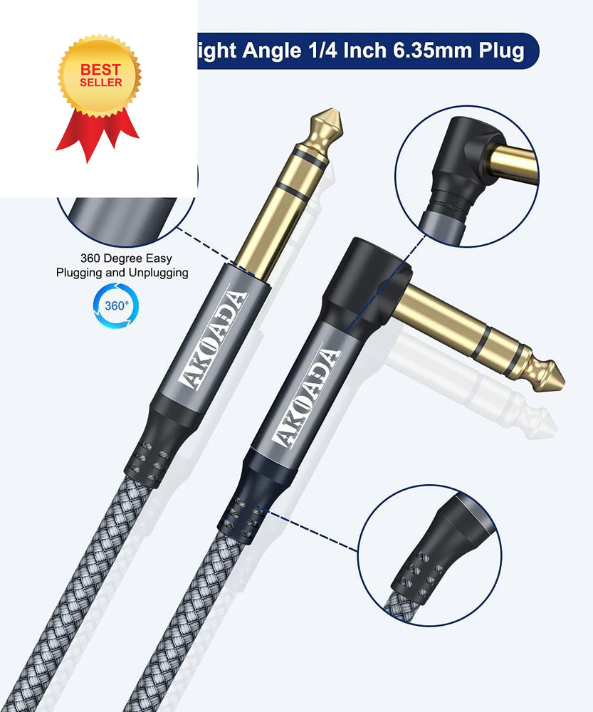 AkoaDa 1/4 Inch TRS Instrument Cable (10ft 2Pack), Right Angle 10FT, Grey