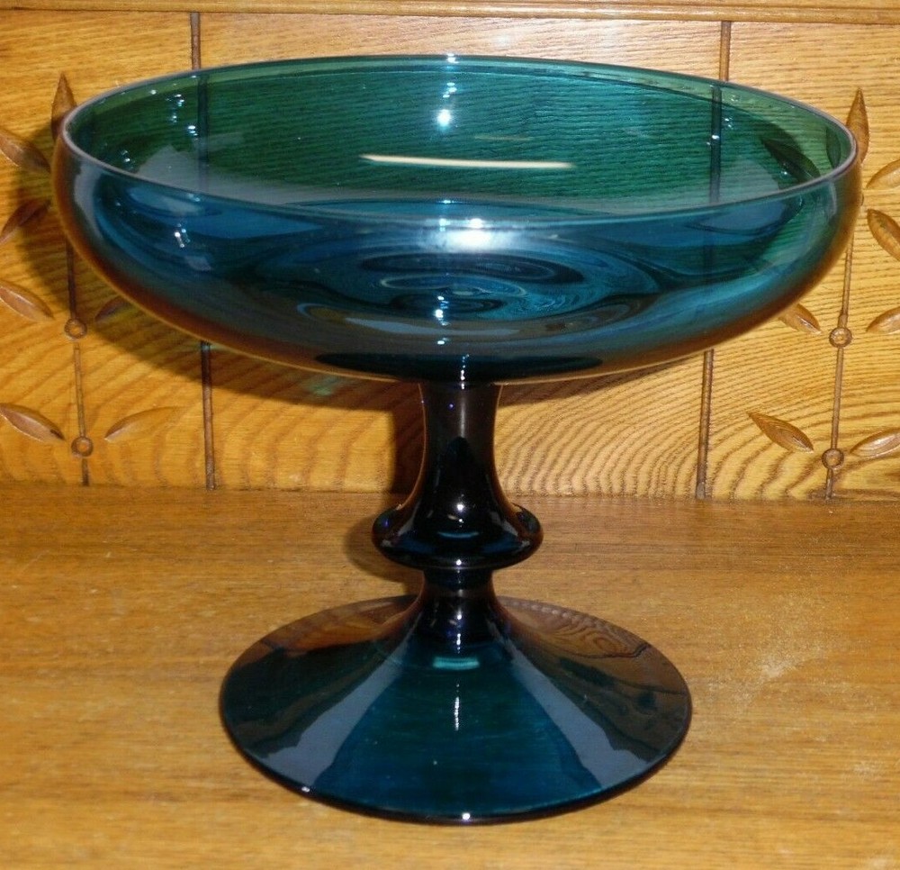 Vintage Blown Blue Glass Compote - 7 3/8"