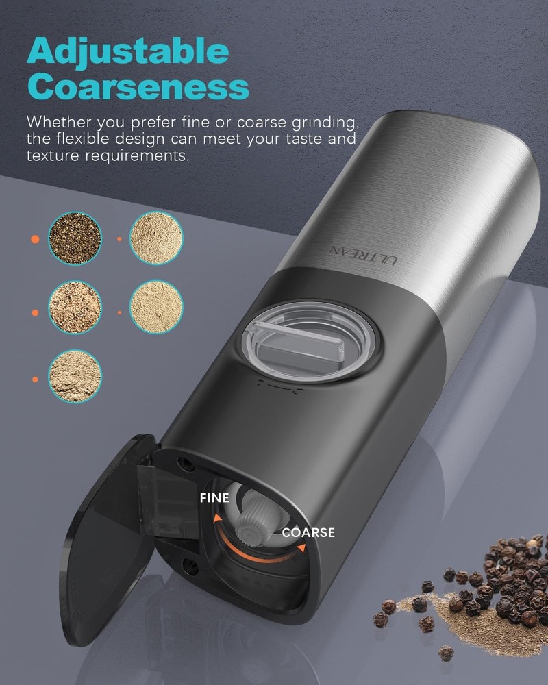 Pepper Grinder Rechargeable Gravity Salt and with 6 Adjustable Coarseness LED