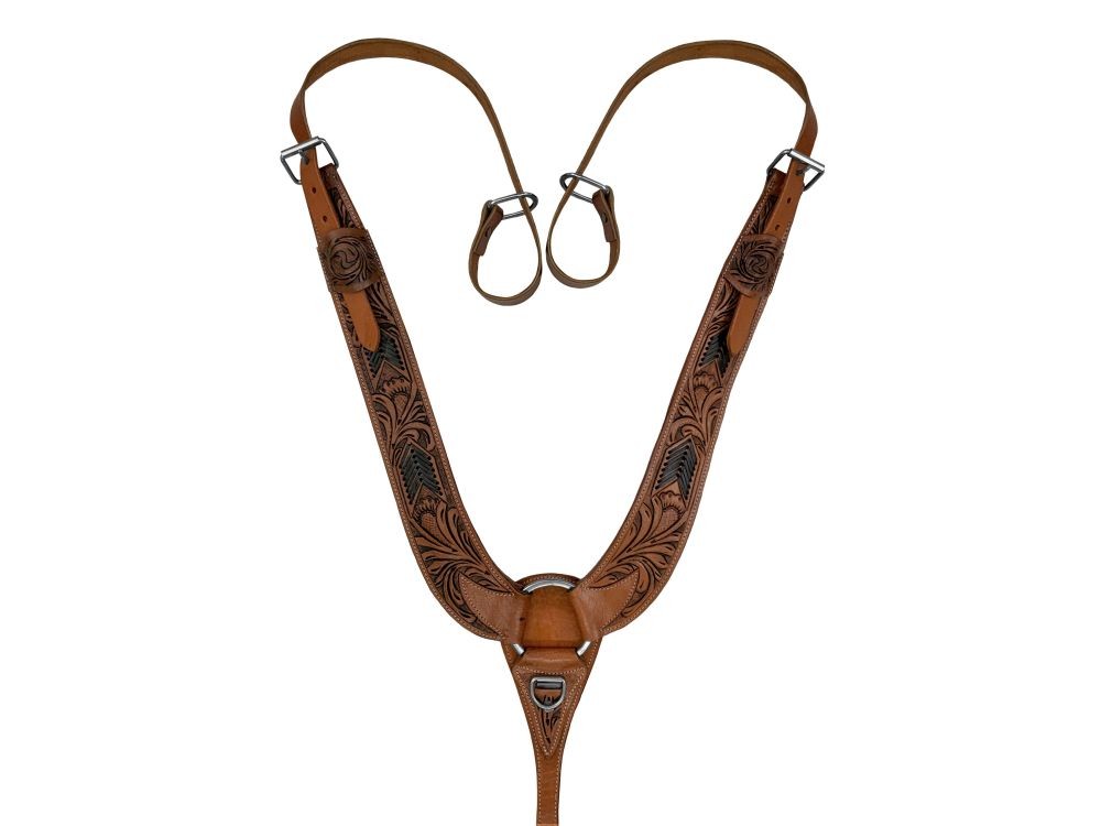 Showman Floral Tooled Leather Pulling Collar w/ Black Rawhide Lacing