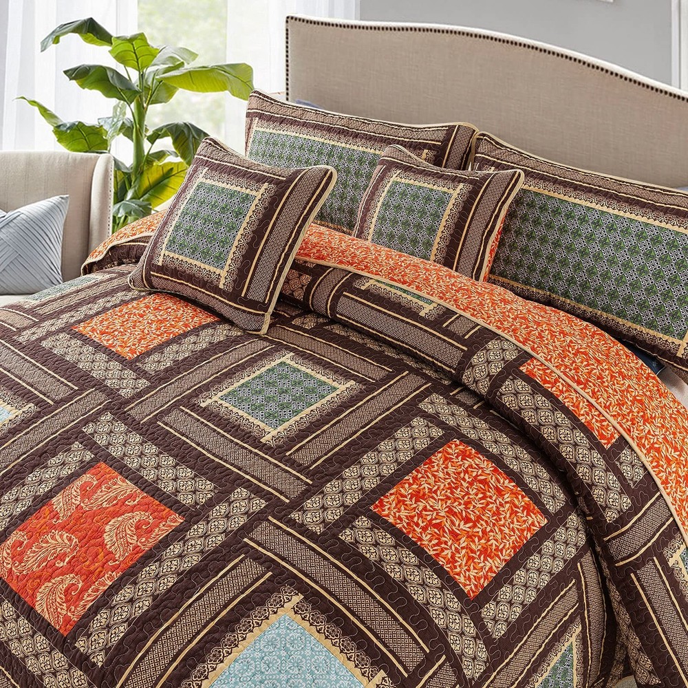 NEWLAKE Cotton Patchwork Bedspread, 3-Piece Bedding Quilt Set with Real Stitc...