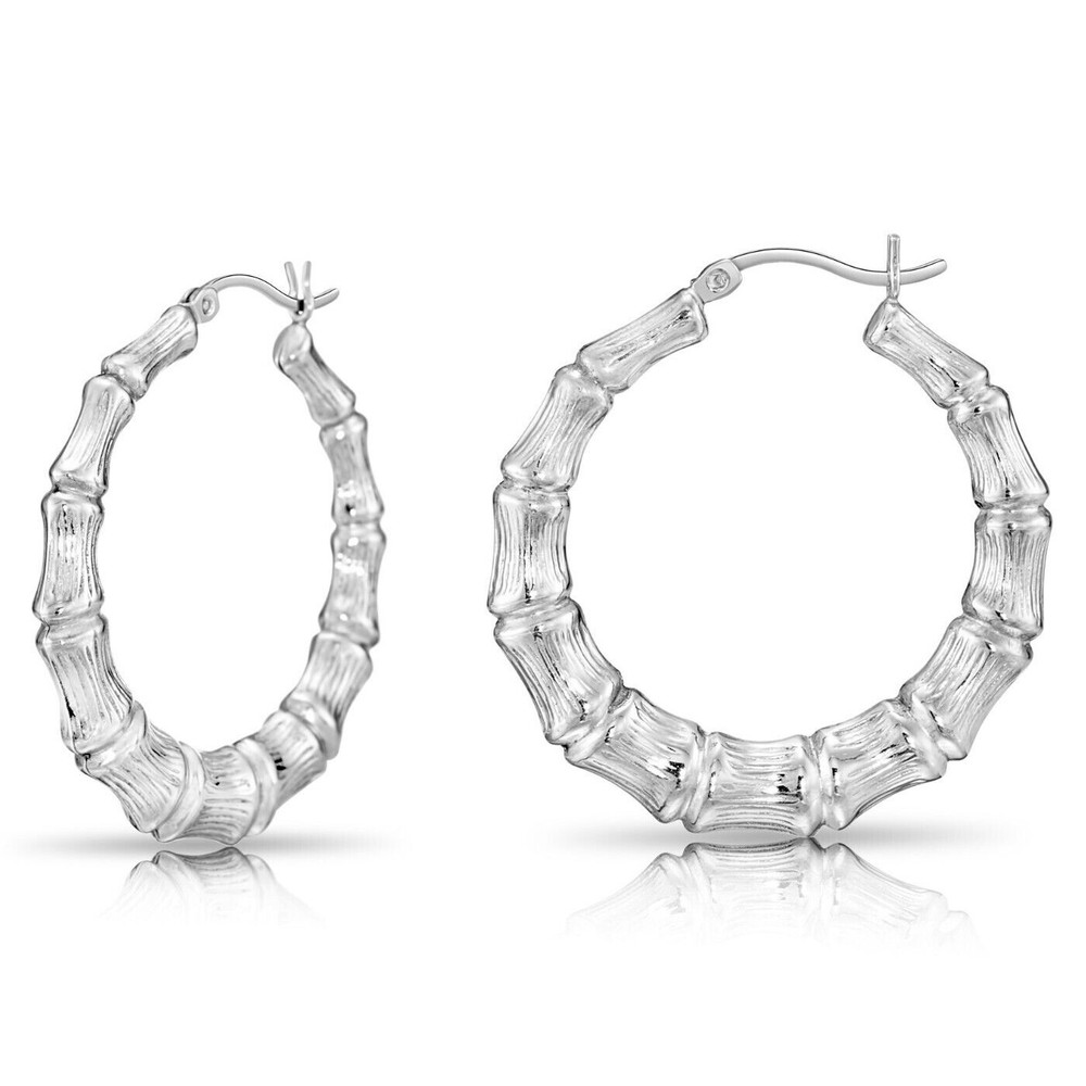 925 Solid Sterling Silver Bamboo Texture Chunky Creole Hoop Earrings All Sizes