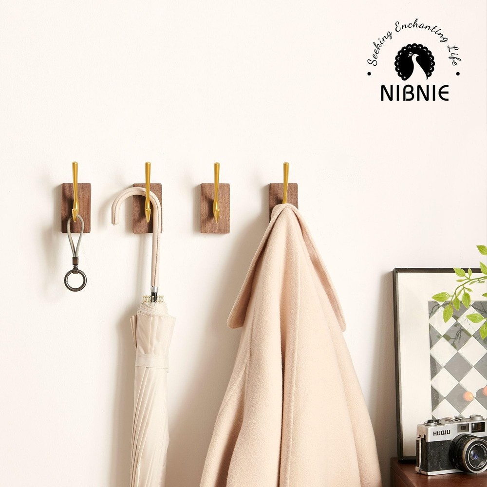 2 Pack Walnut Wood Wall Hooks for Hanging, Adhesive & Drilling Mounted, Decor...