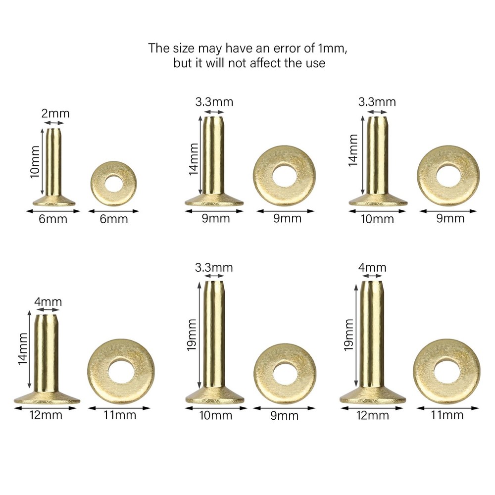 100 PCS Copper Rivets And Burrs Solid Brass Studs Leather Craft Decor 9x14mm