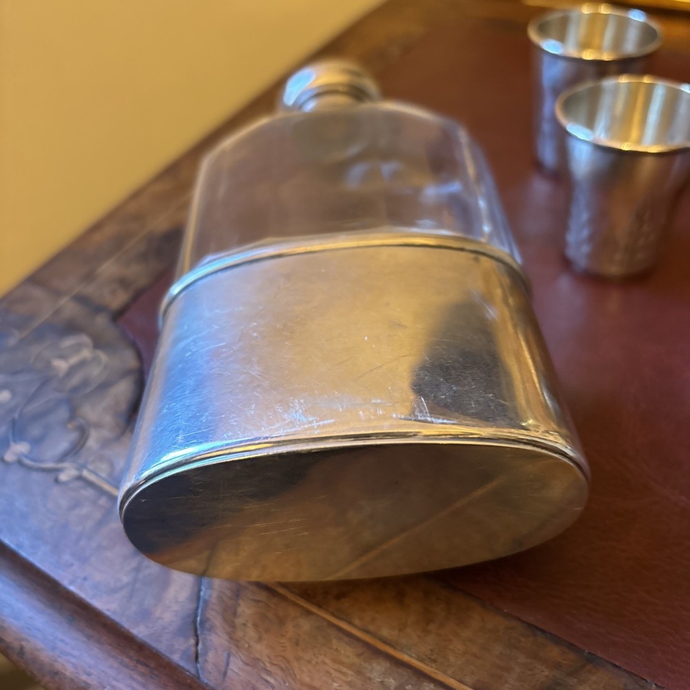 Solid silver hip flask c1900 & Six Antique Continental Solid Silver Shot Cups