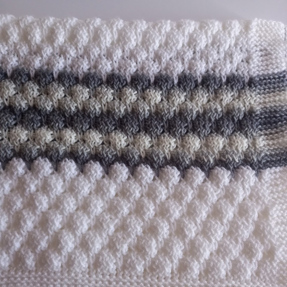 Hand Knitted White and Grey Baby Blanket