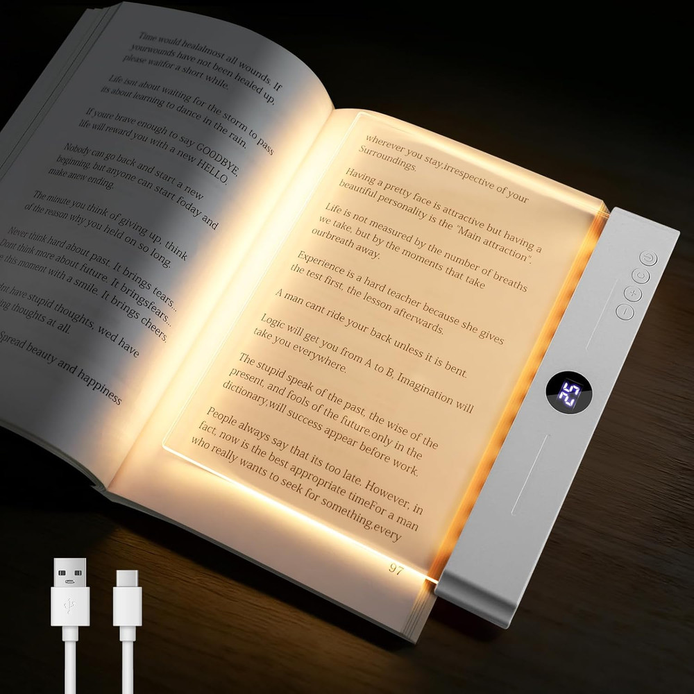 Smart Flat Book Light, Rechargeable Clear LED Reading Lamp with 3 Colors & Timer