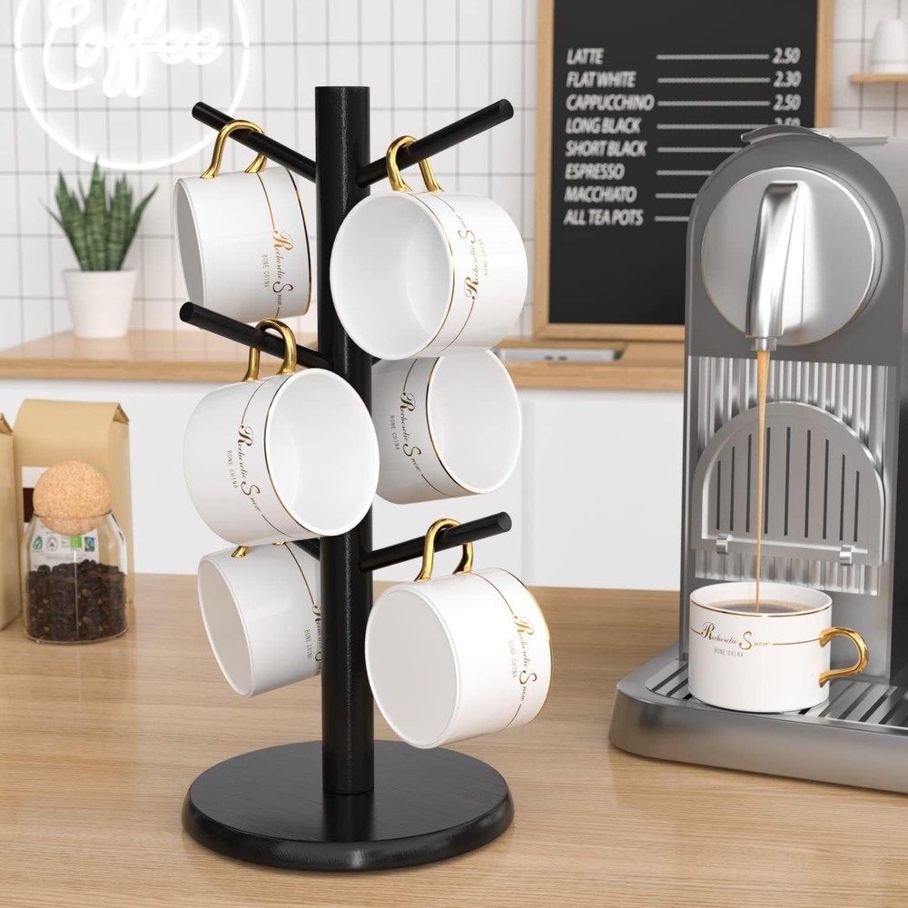 Wisuce Black Coffee Mug Tree Bamboo Mug Holder Coffee Cup Stand Mug Holders