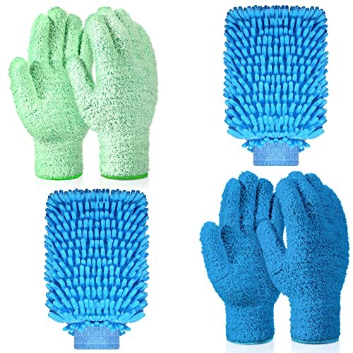 6 Pcs Microfiber Dusting Mitt Gloves Microfiber Washable Dusting Blue, Green