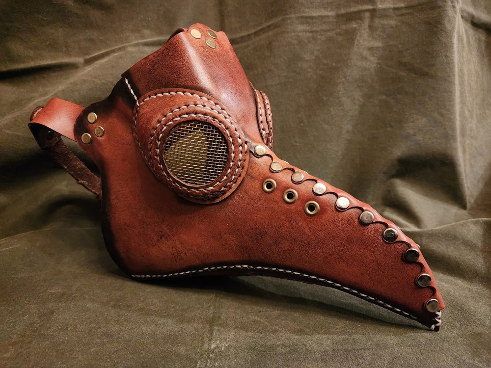 PLAGUE MASK, LEATHER WITH BRASS HARDWARE, HANDCRAFTED, AUTHENTIC CHARACTER .