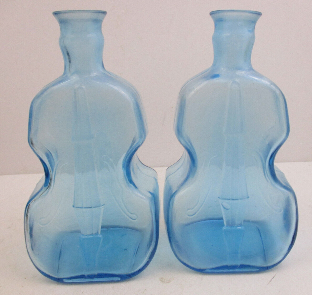 PAIR(2) BLUE GLASS BOTTLE - EMBOSSED CELLO PATTERN - 7 5/8" TALL(DFU8)
