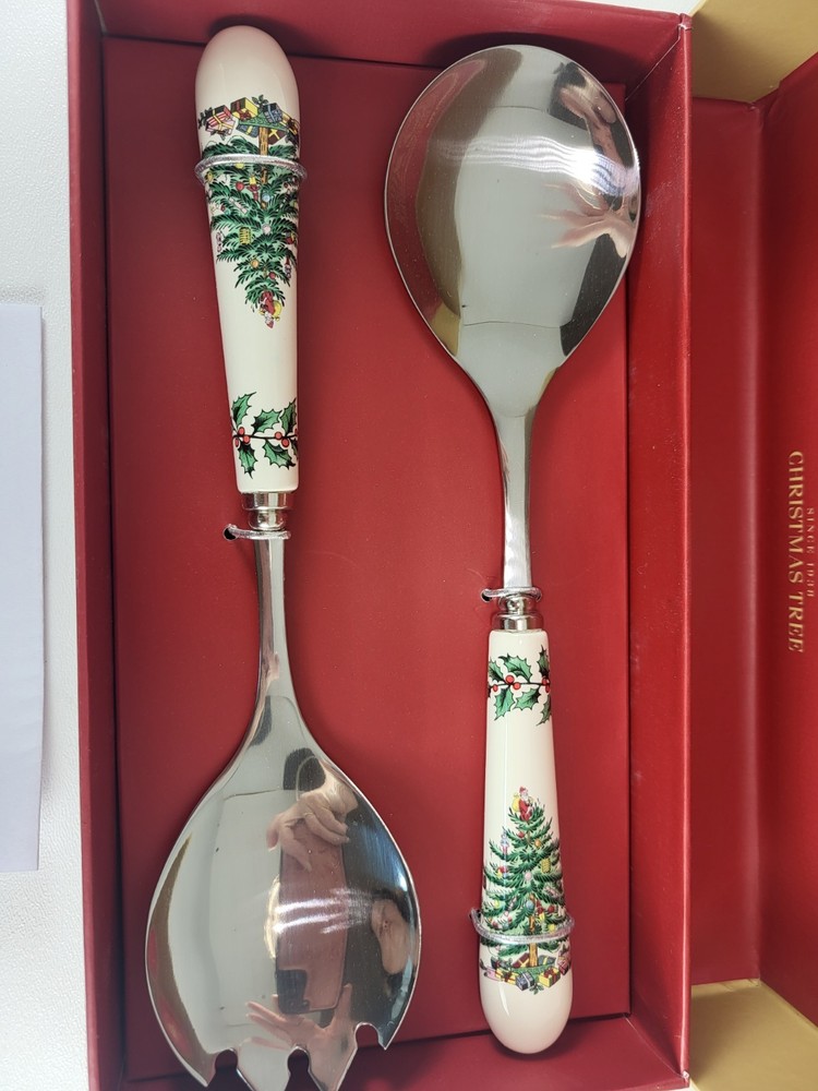 Spode Classic Christmas Tree Salad Server Set Spoon & Spork NIB