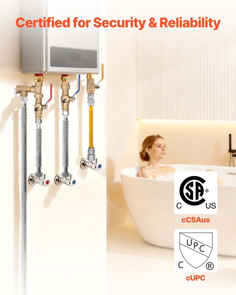Water Heater Kit for Tankless Units: 3/4" Isolation Valves, Relief, Gas Hose