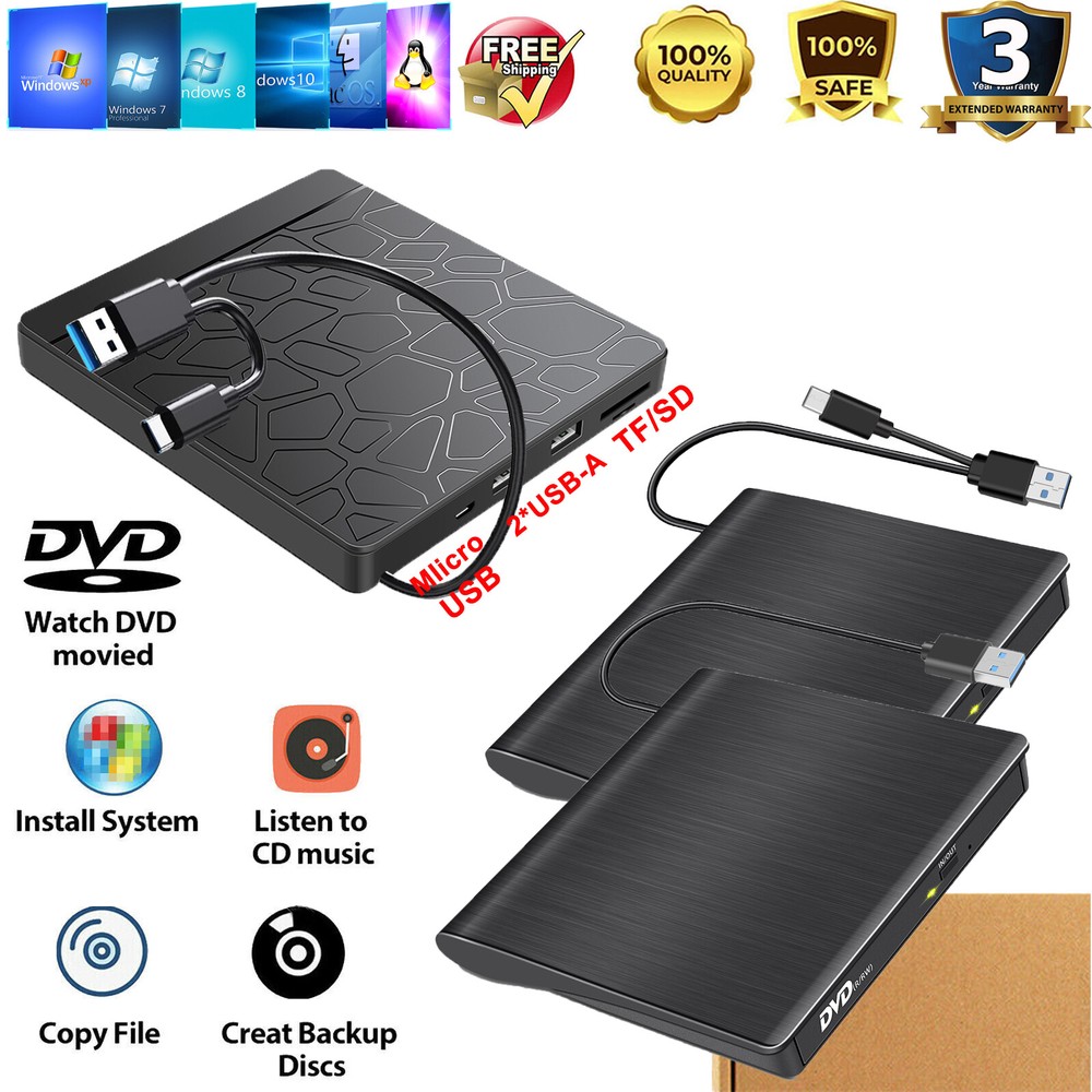 Slim External USB 3.0 DVD CD RW Writer Drive Burner Reader Player For Laptop PC