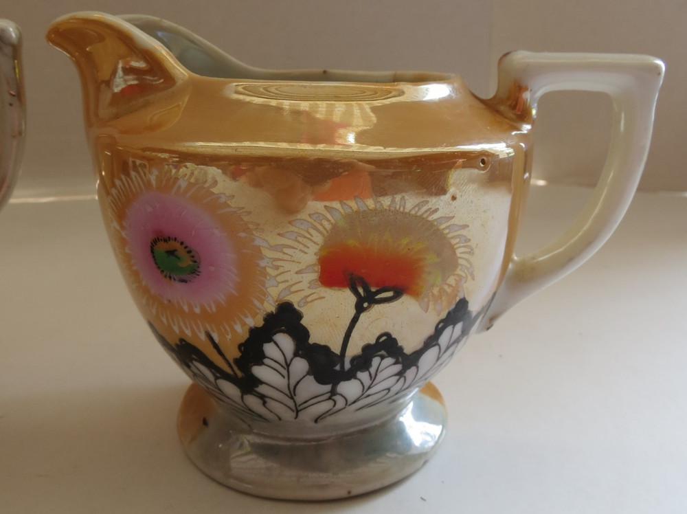 Orange Lusterware Double Handle Sugar Bowl & Creamer Set Hand Painted