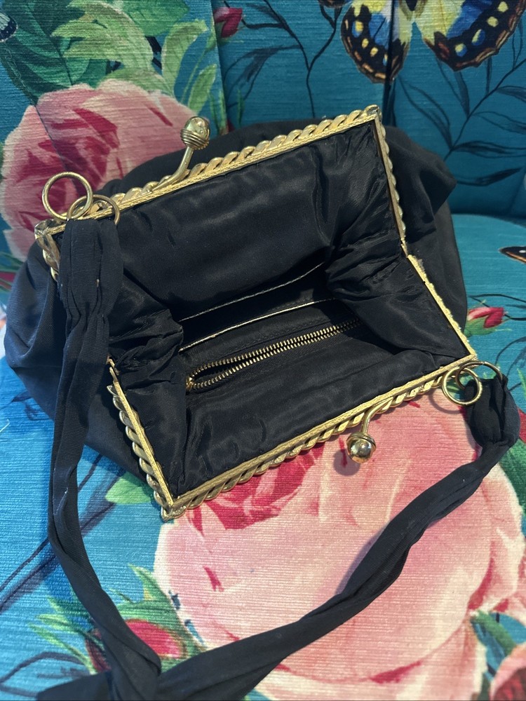 Vintage "After Five" Black Gold Frame Evening Bag Satin