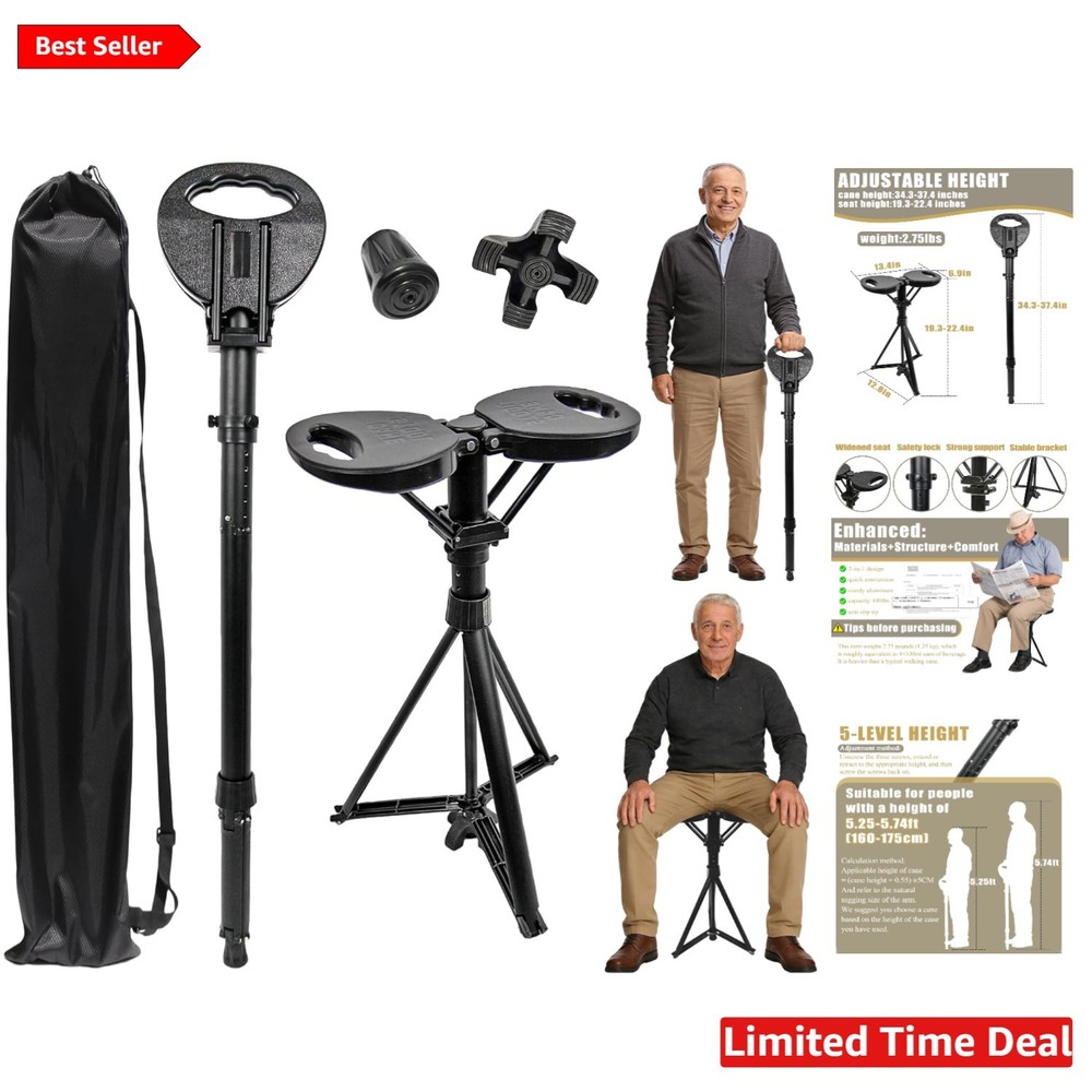 Comfortable Folding Cane with Chair - Adjustable Height & 440lbs Load Capacity