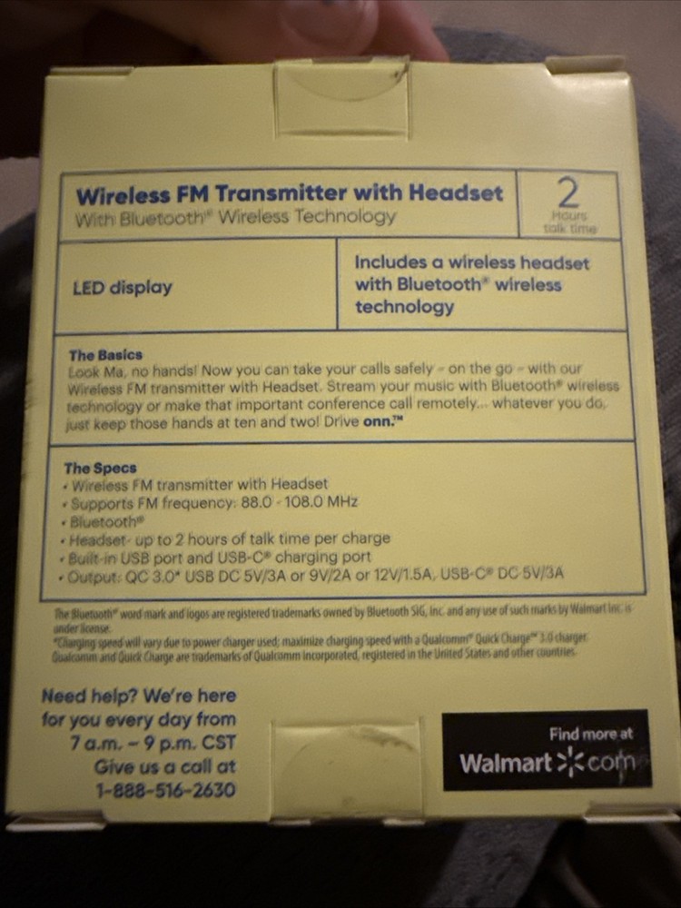 Onn Bluetooth FM Wireless Transmitter + Wireless Earphone Headset Car Kit White