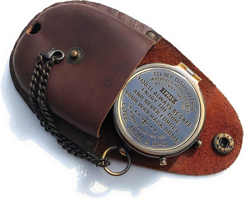 Maritime Treasures Engraved Brass Compass with Leather Case Gift