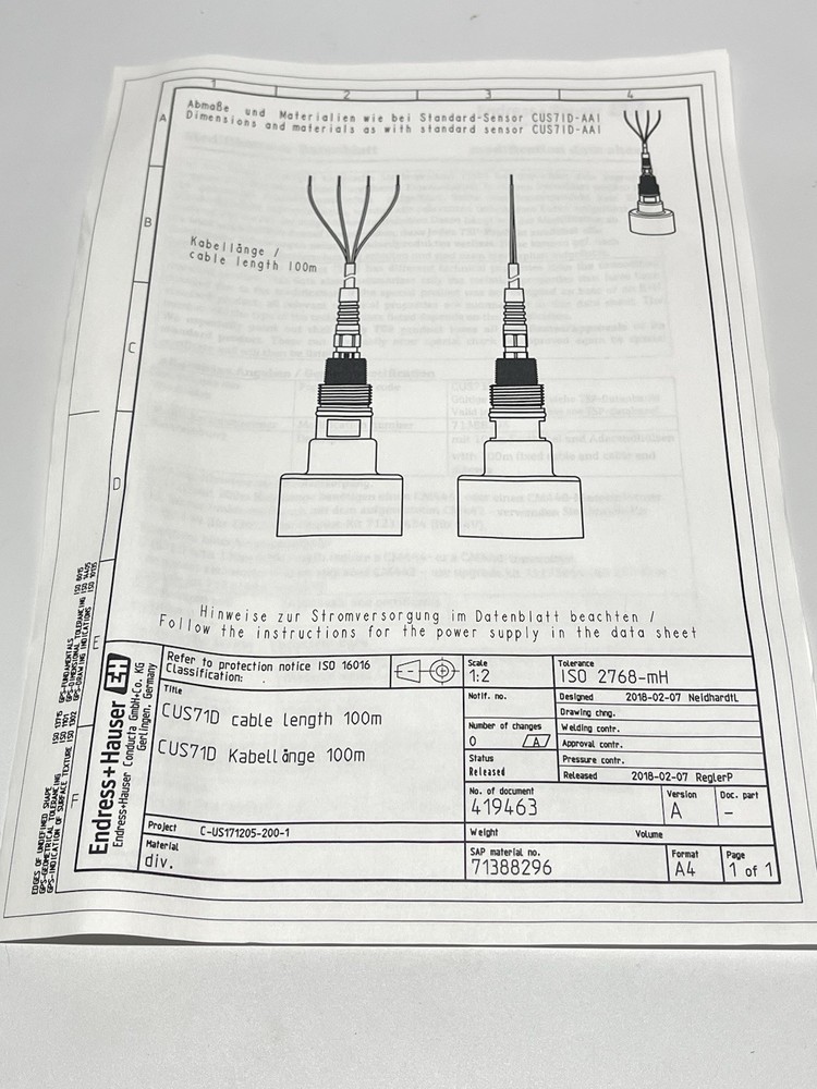 Endress + Hauser Turbimax CUS71D Memosens Ultrasonic Interface Sensor 100M Cable