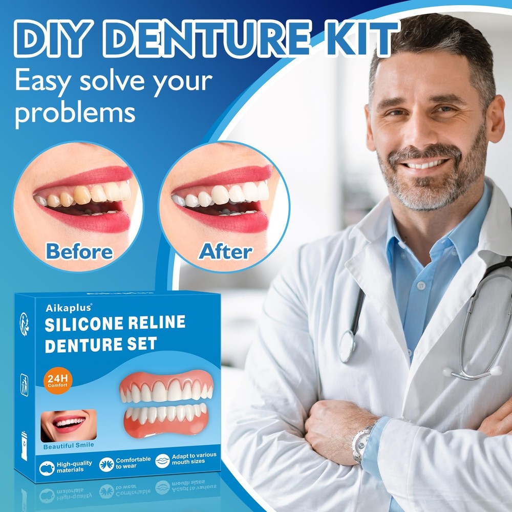 Moldable False Teeth Veneers Teeth for Women & Men, Silicone Dentures Set fo...
