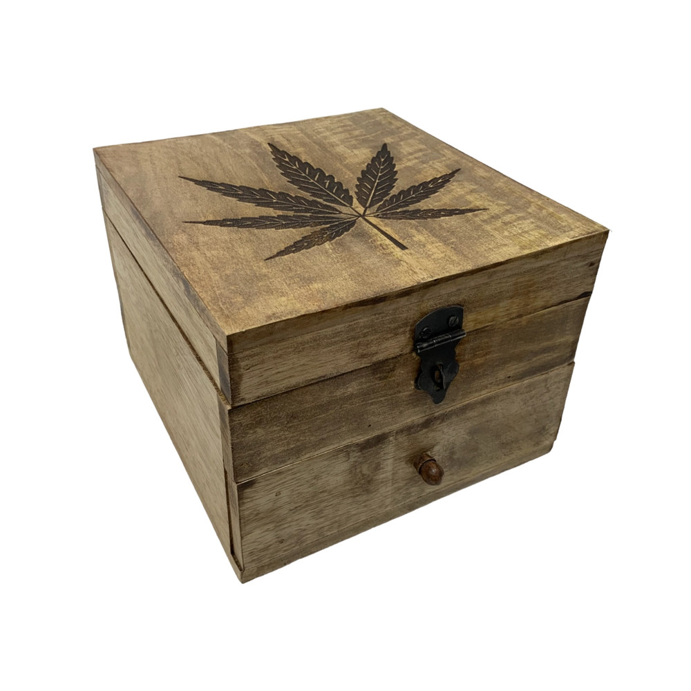 Wood Stash Box Storage Hinged Top Drawer Pot Leaf Design