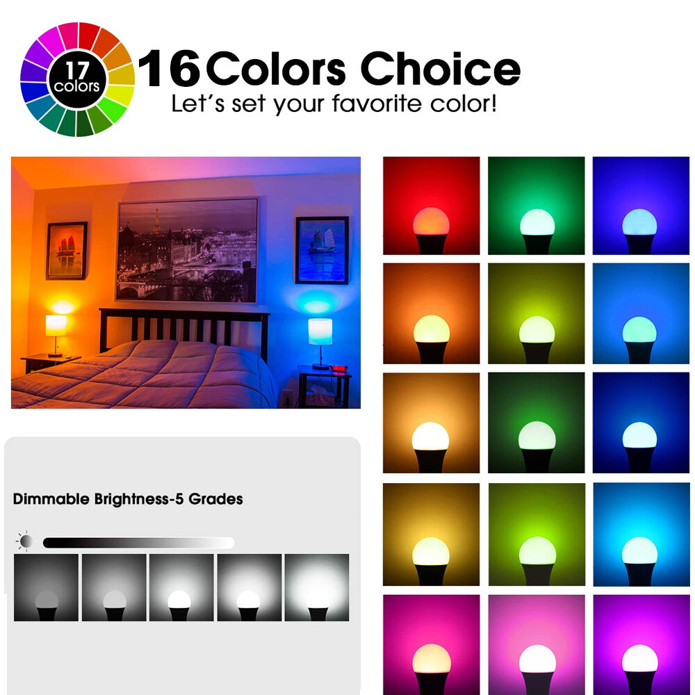 4 Pack E26 LED Light Bulbs RGB Color Changing 3W A19 Cool White Bulb with Remote