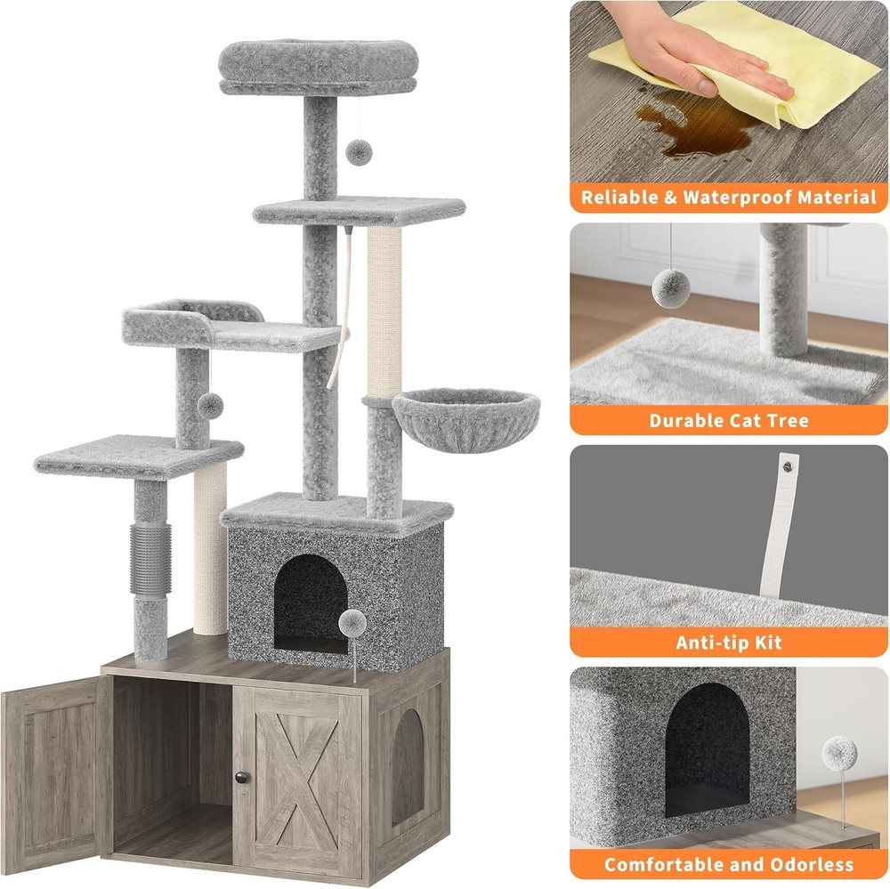 55'' Tall Cat Tower Multi-Level Cat Condo Cat Tree with Litter Box Enclosure