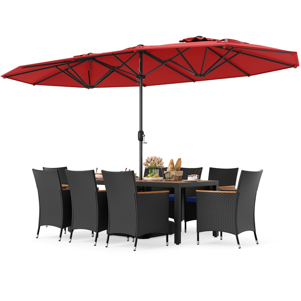 11 PCS Patio Wicker Dining Set w/Double-Sided Outdoor Umbrella 8 Stackable