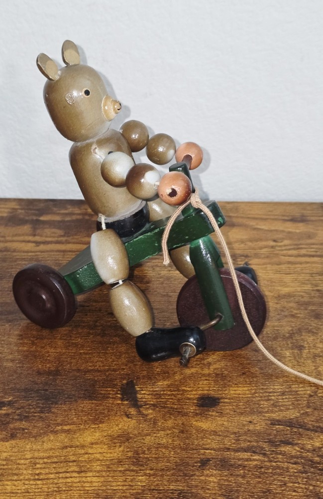 Vintage Wooden Pull Toy Beaded Bear EUC