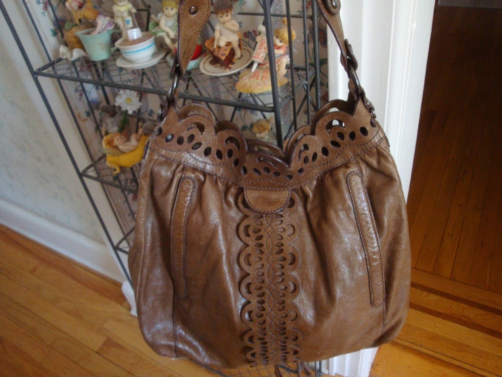 FAB LOCKHEART MOO1964 SOLID BROWN TOOLED LEATHER SHOULDER TOP HANDLE SATCHEL