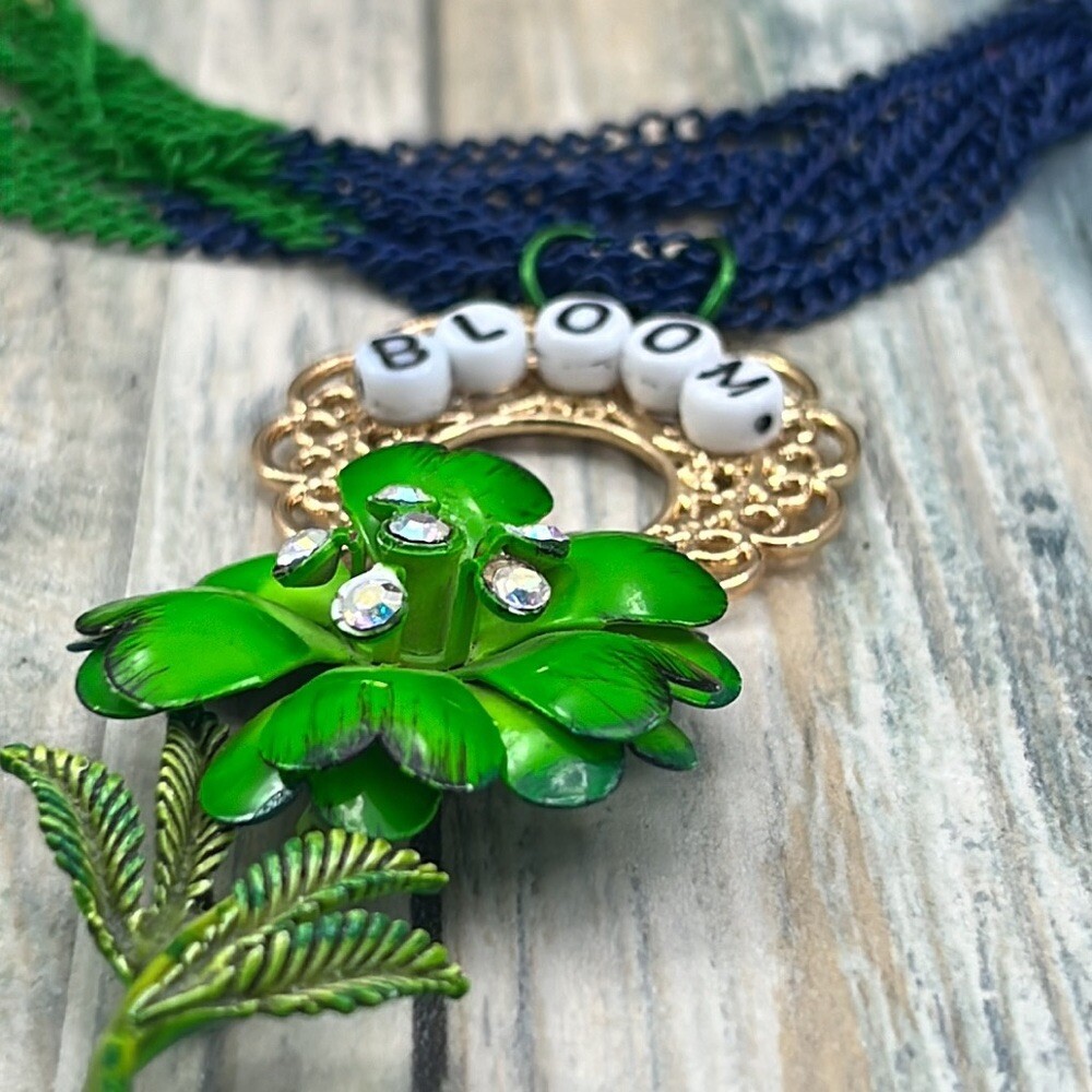 Adorned Crown Artisan Assemblage multi chain enamel flower BLOOM green blue