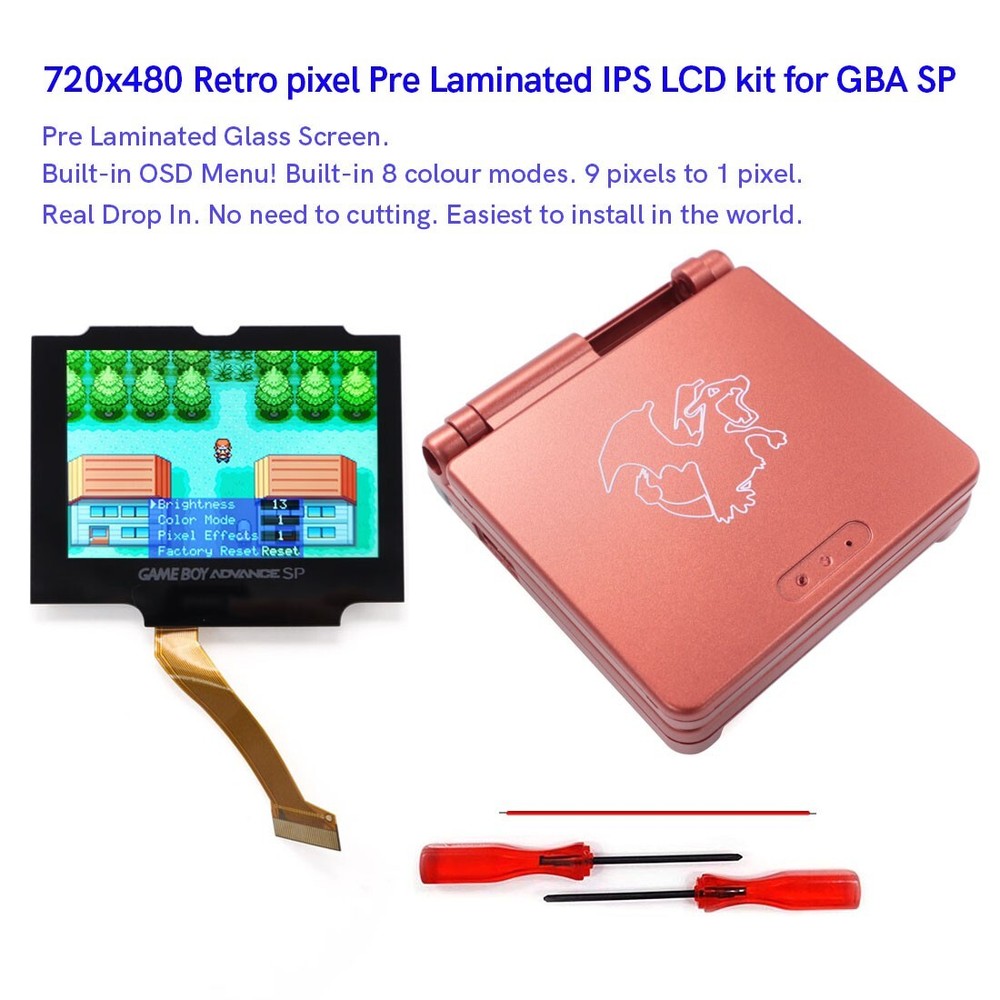 Drop in V5 IPS Game Boy GBA SP Backlight Pre Laminated Screen +Charizard Shell