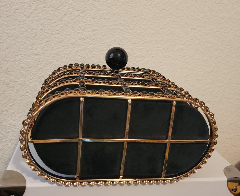 Gold Metal Oval Box With Black Stones 8x5"