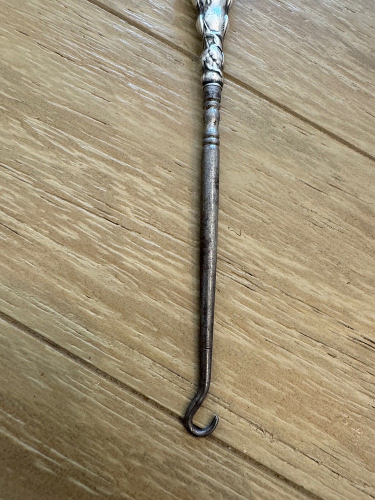 Antique Sterling Silver Handle Button Hook w/ Dangling / Hanging Flower Design