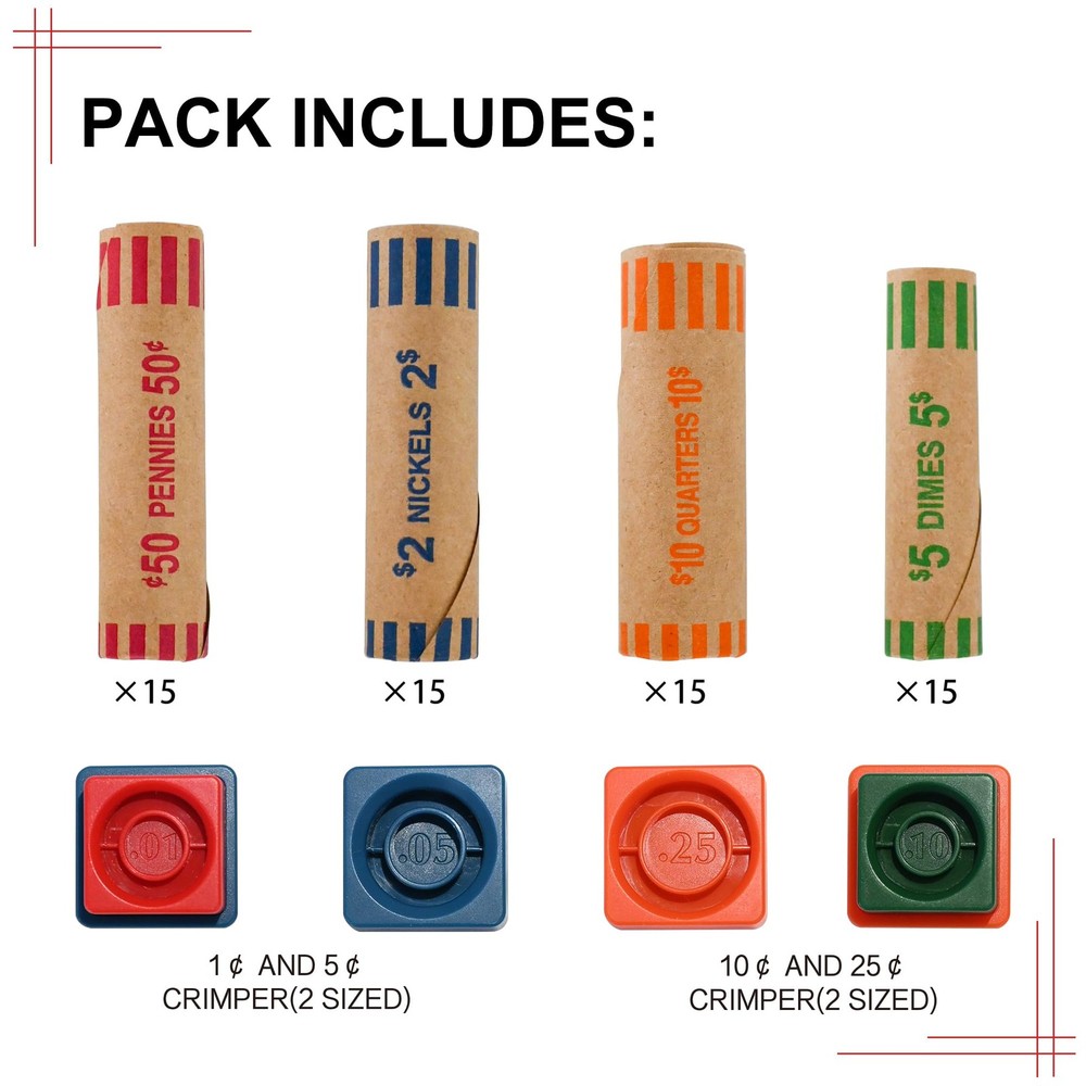 L LIKED 60 Assorted Coin Roll Wrappers 60A 2Crimpers Rolls, Multicolored