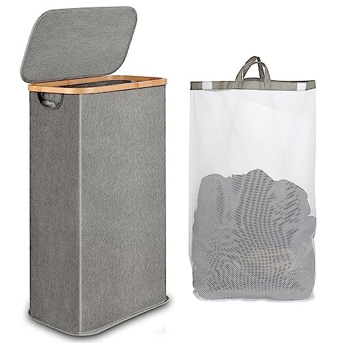 Slim Laundry Hamper, Narrow Laundry Basket with Lid,Foldable Clothes 65L Grey