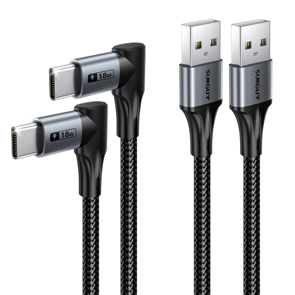 SUNGUY Right Angle USB C Cable, [2-Pack, 1FT] Short 90 Degree USB-A 1ft+1ft
