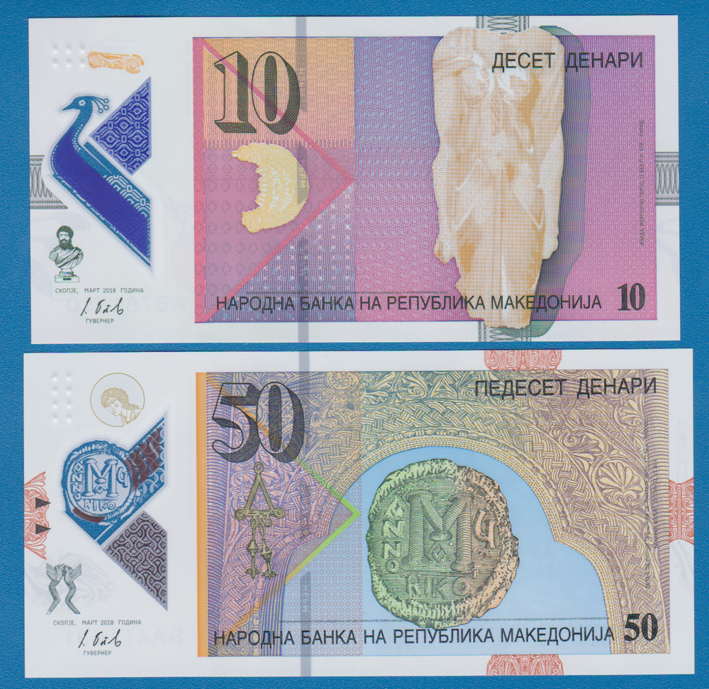 Macedonia 2 Notes, 10 + 50 Denar P 25 + 26 2018 UNC Polymer
