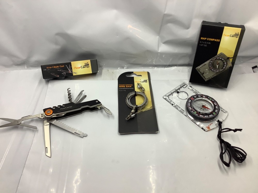 Ace Camp Survival Gear Bundle 11 in 1 Multi Tool - Pocket Wire Saw - Map Compass