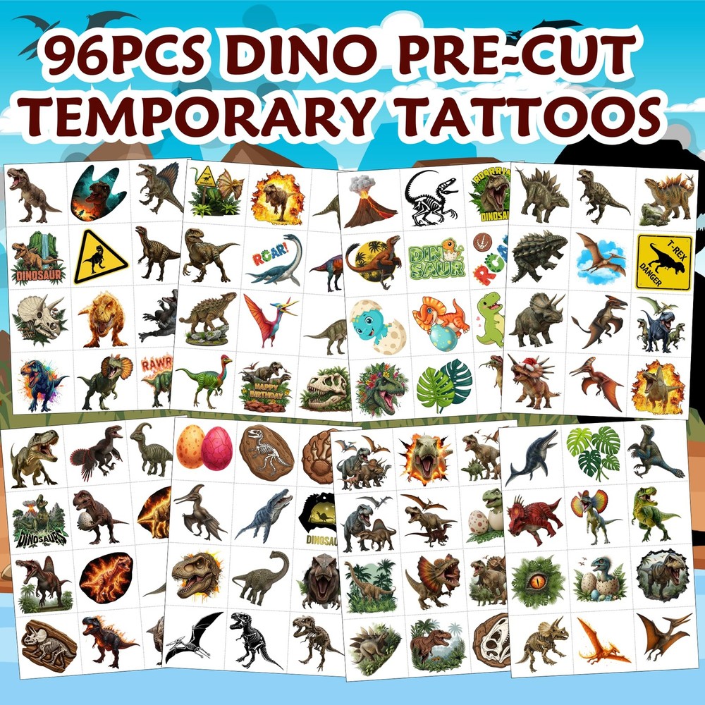 96PCS Dinosaur Temporary Tattoos Stickers - Medium,