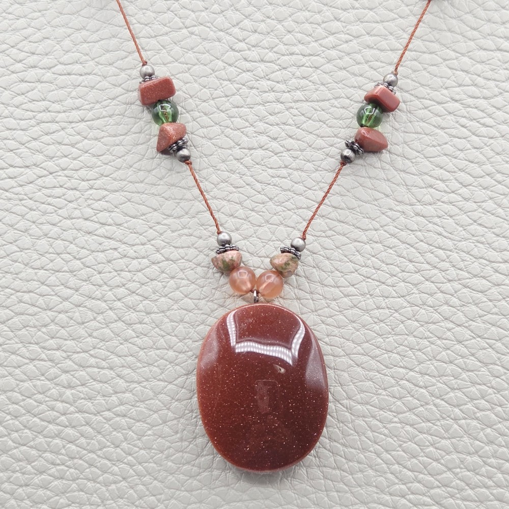 Goldstone Statement Pendant Necklace Earring Set Sparkle Beaded Boho