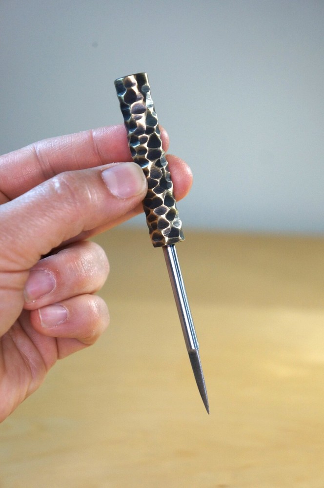Handmade Brass Cigar Pick with textured handle. Includes sheath - 5.25" long