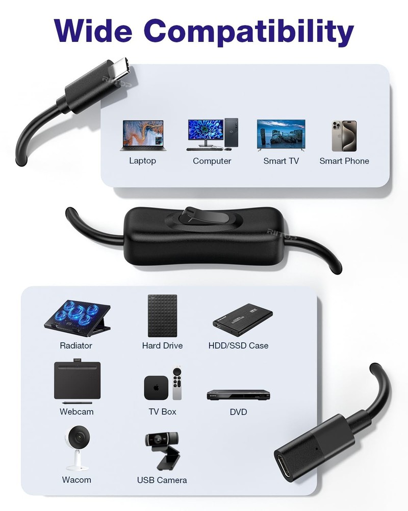 USB Type-C Extension Cable with On Off Switch 1FT, Support Video/Data/Charging